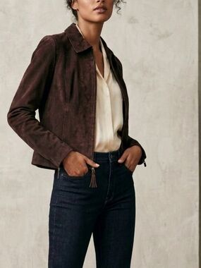 Isaac Mizrahi Dark Brown Suede Leather Cropped Jacket Sz M